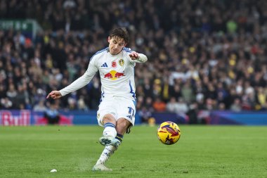 Leeds United takımından Brenden Aaronson, 9 Kasım 2024 'te Leeds United' ın Queens Park Rangers 'a karşı oynadığı Sky Bet Şampiyonası maçında serbest atış yapıyor.