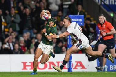 Güney Afrikalı Cheslin Kolbe, İngiltere 'nin Ollie Sleightholme takımını yenerek, 16 Kasım 2024' te Allianz Stadyumu, Twickenham, İngiltere ile Güney Afrika arasındaki Güz Milletler Serisi maçında gol atmayı denedi.