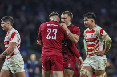 İngiltere 'den Tom Roebuck, 24 Kasım 2024' te Twickenham, İngiltere 'nin Allianz Stadyumu' nda oynanan Güz Ulusları Serisi maçında şansını kutluyor.