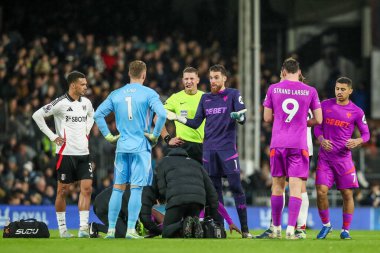 Jose Sa of Wolverhampton Wanderers speaks to Bernd Leno of Fulham during the Premier League match Fulham vs Wolverhampton Wanderers at Craven Cottage, London, United Kingdom, 23rd November 2024 clipart