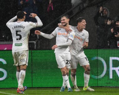 Swansea City 'den Liam Cullen, 24 Kasım 2024' te Swansea.com Stadyumu 'nda oynanan Swansea City-Leeds United maçında 2-1' lik galibiyet golünü kutluyor.