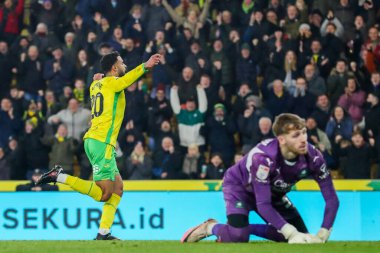 Norwich City 'den Anis Ben Slimane, 26 Kasım 2024' te Norwich City, Norwich Road, Norwich, İngiltere 'de Plymouth Argyle' a karşı oynanan Sky Bet Şampiyonası maçında 5-1 kazanma hedefini kutluyor.