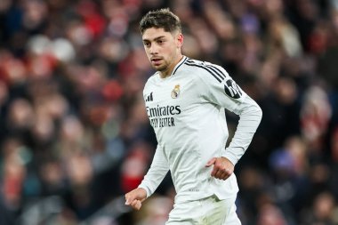 Real Madrid 'den Federico Valverde, UEFA Şampiyonlar Ligi, Lig Faz MD5 Liverpool Real Madrid Anfield, Liverpool, Birleşik Krallık, 27 Kasım 2024 tarihinde eylemde.