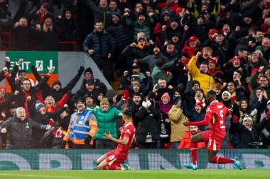 Liverpool 'dan Cody Gakpo, UEFA Şampiyonlar Ligi, Lig Faz MD5 Liverpool - Real Madrid maçında 27 Kasım 2024' te Anfield, Liverpool, İngiltere 'de 2-0' lık galibiyet golünü kutluyor.