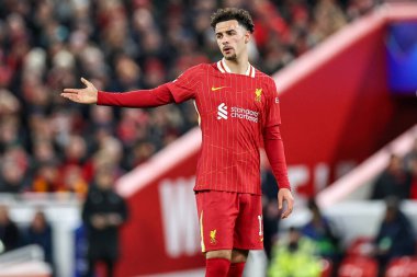 Liverpool 'dan Curtis Jones, Lig Şampiyonlar Ligi, Lig Faz MD5 Liverpool - Real Madrid Anfield, Liverpool, Birleşik Krallık' ta 27 Kasım 2024 tarihinde tepki gösterdi.