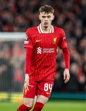 Liverpool 'lu Conor Bradley, UEFA Şampiyonlar Ligi, Lig Faz MD5 Liverpool - Real Madrid Anfield, Liverpool, Birleşik Krallık, 27 Kasım 2024