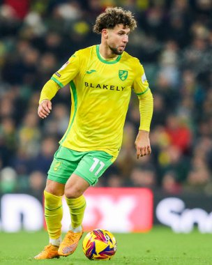 Norwich City 'den Emiliano Marcondes, 26 Kasım 2024' te Norwich City, Norwich Road, Norwich, İngiltere 'de Plymouth Argyle maçında topla koşuyor.