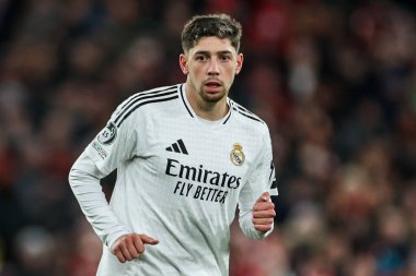 Real Madrid 'den Federico Valverde, UEFA Şampiyonlar Ligi, Lig Faz MD5 Liverpool Real Madrid Anfield, Liverpool, Birleşik Krallık, 27 Kasım 2024 tarihinde eylemde.