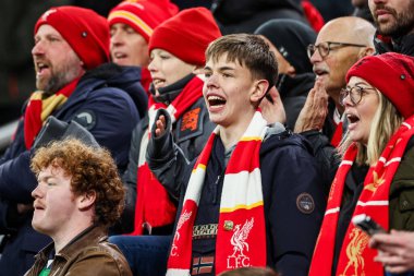 Liverpool taraftarları bu golü UEFA Şampiyonlar Ligi, Lig Faz MD5 Liverpool - Real Madrid Anfield, Liverpool, Birleşik Krallık 'ta 27 Kasım 2024 tarihinde 1-0 kazanarak kutladılar.