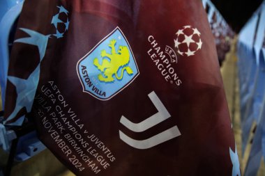 Match day flags are placed on every seat ahead of the UEFA Champions League,League Phase MD5 match Aston Villa vs Juventus at Villa Park, Birmingham, United Kingdom, 27th November 2024 clipart