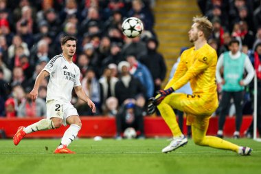 Real Madrid 'den Brahim Daz, Liverpool' lu Caoimhin Kelleher tarafından UEFA Şampiyonlar Ligi, Lig Faz MD5 Liverpool - Real Madrid Anfield, Liverpool, Birleşik Krallık, 27 Kasım 2024 'te kurtarıldı.