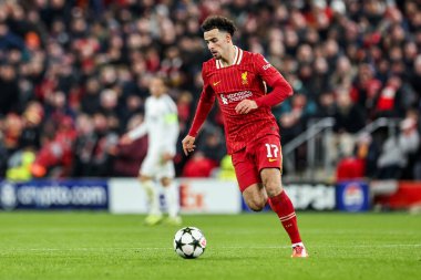 Liverpool Ligi takımlarından Curtis Jones, 27 Kasım 2024 tarihinde İngiltere 'nin Liverpool kentinde oynanan Lig Şampiyonlar Ligi, Lig Faz MD5 Liverpool Real Madrid maçında topa vuruyor.