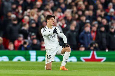 Real Madrid 'den Arda Gler, UEFA Şampiyonlar Ligi, Lig Faz MD5 Liverpool - Real Madrid Anfield, Liverpool, Birleşik Krallık, 27 Kasım 2024 tarihinde tepki gösterdi.