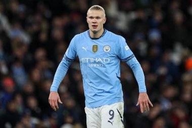 Manchester City 'den Erling Haaland UEFA Şampiyonlar Ligi maçı sırasında Manchester City, Manchester Stadyumu' nda Feyenoord 'a karşı, 26 Kasım 2024