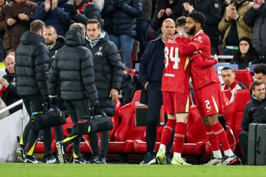 Liverpool 'lu Conor Bradley, UEFA Şampiyonlar Ligi, Lig Faz MD5 Liverpool - Real Madrid Anfield, Liverpool, Birleşik Krallık' ta 27 Kasım 2024 'te Joe Gomez' in yerini aldı.