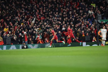 Liverpool 'dan Cody Gakpo, UEFA Şampiyonlar Ligi, Lig Faz MD5 Liverpool - Real Madrid maçında 27 Kasım 2024' te Anfield, Liverpool, İngiltere 'de 2-0' lık galibiyet golünü kutluyor.