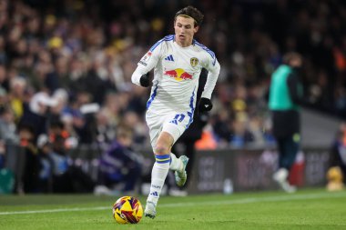 Leeds United takımından Brenden Aaronson 27 Kasım 2024 'te Leeds Road, İngiltere' de Leeds United ile Luton Town arasındaki Sky Bet Şampiyonası maçında topu aldı.