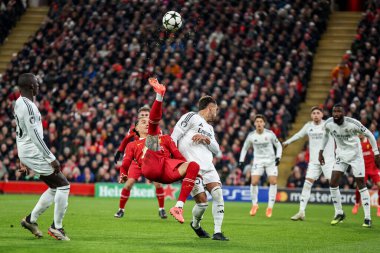 Liverpool 'lu Darwin Nunez, UEFA Şampiyonlar Ligi, Lig Faz MD5 Liverpool - Real Madrid Anfield, Liverpool, Birleşik Krallık' ta 27 Kasım 2024 tarihinde üst üste bir tekme attı.