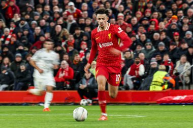 Liverpool Ligi takımlarından Curtis Jones, 27 Kasım 2024 tarihinde İngiltere 'nin Liverpool kentinde oynanan Lig Şampiyonlar Ligi, Lig Faz MD5 Liverpool Real Madrid maçında topa vuruyor.