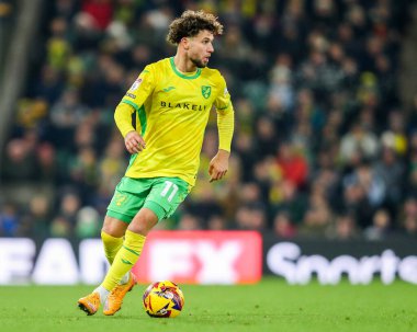 Norwich City 'den Emiliano Marcondes, 26 Kasım 2024' te Norwich City, Norwich Road, Norwich, İngiltere 'de Plymouth Argyle maçında topla koşuyor.
