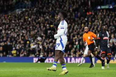 Leeds United takımından Wilfried Gnonto 27 Kasım 2024 'te Leeds, İngiltere' deki Leeds Road, Luton Town 'da oynanan Sky Bet Şampiyonası maçında kaçırılan şuta tepki gösterdi.