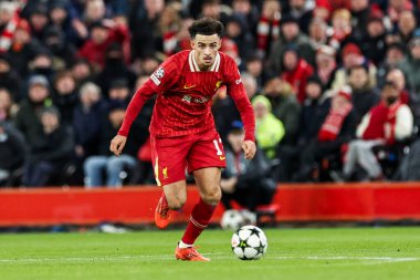 Liverpool Ligi takımlarından Curtis Jones, 27 Kasım 2024 tarihinde İngiltere 'nin Liverpool kentinde oynanan Lig Şampiyonlar Ligi, Lig Faz MD5 Liverpool Real Madrid maçında topa vuruyor.