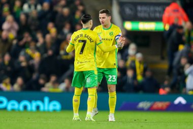 Norwich City 'den Borja Sainz, Kenny McLean ile 26 Kasım 2024' te Norwich City, Norwich Road, Norwich 'te Plymouth Argyle' a karşı oynanan Gökyüzü İddia Şampiyonası maçında 1-0 'lık galibiyetini kutluyor.