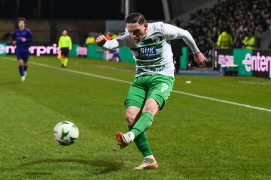 The New Saints F.C. 'den Declan Mcmanus. UEFA Konferans Ligi - Lig Stage maçı sırasında Croud Meadow, Shrewsbury, Birleşik Krallık 'ta The New Saints vs Djurgrden maçında karşılaşır.