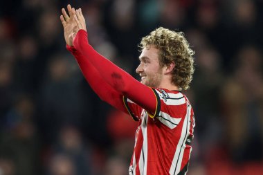 Goal scorer Tom Davies of Sheffield United celebrates the 1-0 win with the home fans during the Sky Bet Championship match Sheffield United vs Sunderland at Bramall Lane, Sheffield, United Kingdom, 29th November 2024 clipart