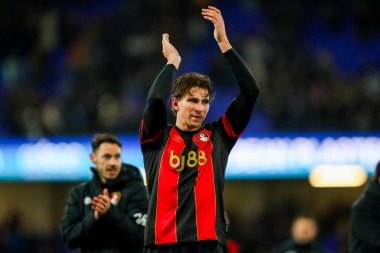 Illia Zabarnyi of AFC Bournemouth acknowledges the fans after the teams victory following the Premier League match Ipswich Town vs Bournemouth at Portman Road, Ipswich, United Kingdom, 8th December 2024 clipart