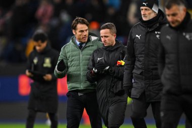 Scott Parker Manager of Burnley speaks the the fourth official as the leave the field for half time during the Sky Bet Championship match Burnley vs Derby County at Turf Moor, Burnley, United Kingdom, 10th December 2024 clipart