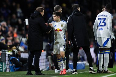 Leeds United 'ın Daniel Farke teknik direktörü, Leeds United takımının Daniel James' i 10 Aralık 2024 'te Elland Road, Leeds, İngiltere' de oynanan Sky Bet Şampiyonası maçında kucaklıyor.