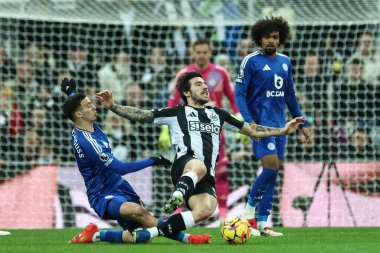 Bilal El Khannouss of Leicester City fouls Sandro Tonali of Newcastle United during the Premier League match Newcastle United vs Leicester City at St. James's Park, Newcastle, United Kingdom, 14th December 2024 clipart