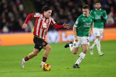 Sheffield United takımından Callum O 'Hare, Sheffield Lane, Sheffield, İngiltere' de 14 Aralık 2024 'te oynanan Gökyüzü İddia Şampiyonası maçında Plymouth Argyle' a karşı Plymouth maçında Plymouth Argyle 'dan Adam Randyle' a baskı uyguluyor.