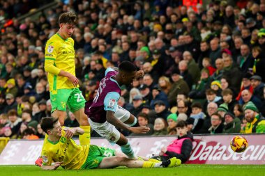 Burnley 'li Jaidon Anthony' ye Norwich City 'li Kellen Fisher, Norwich City' nin Norwich Road, Norwich, İngiltere 'de oynadığı 15 Aralık 2024' teki Norwich City-Burnley maçında meydan okudu.
