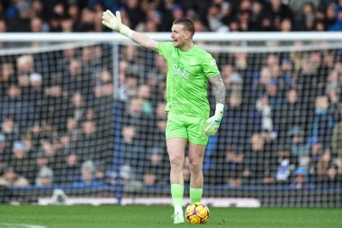Everton 'dan Jordan Pickford, 22 Aralık 2024' te Goodison Park, Liverpool 'da oynanan Premier League maçında takım arkadaşlarına talimat verir.