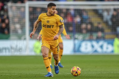 Wolverhampton Wanderers takımından Joo Gomes Premier Lig maçında topu King Power Stadyumu 'nda Leicester City' ye karşı Wolverhampton Wanderers 'a atıyor.