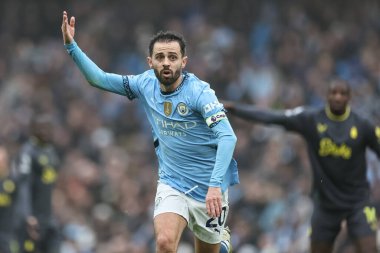 Manchester City 'den Bernardo Silva, Manchester City' nin Everton 'a karşı oynadığı Premier League maçında 26 Aralık 2024 tarihinde Etihad Stadyumu' nda tepki gösterdi.