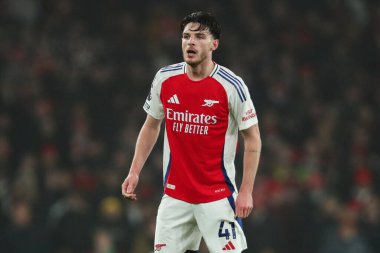 Arsenal 'den Declan Rice Premier Lig maçı sırasında Arsenal, Ipswich Town' a karşı Emirates Stadyumu, Londra, Birleşik Krallık, 27 Aralık 2024