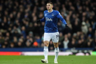 Everton 'dan Vitaliy Mykolenko Premier Lig maçı sırasında Everton - Nottingham Forest maçı sırasında Goodison Park, Liverpool, Birleşik Krallık, 29 Aralık 2024