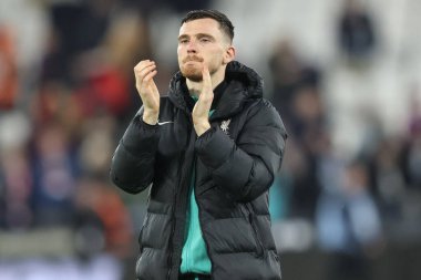 Andrew Robertson of Liverpool applauds the fans after the final whistle during the Premier League match West Ham United vs Liverpool at London Stadium, London, United Kingdom, 29th December 2024 clipart