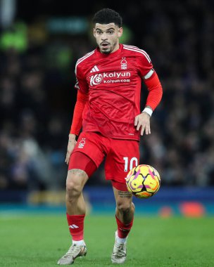 Nottingham Ormanı 'ndan Morgan Gibbs-White, 29 Aralık 2024' te Goodison Park, Liverpool 'da oynanan Premier League maçı sırasında Everton Nottingham Ormanı' na karşı savaşıyor.