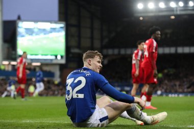 Everton 'dan Jarrad Branthwaite, 29 Aralık 2024' te Goodison Park, Liverpool 'da oynanan Premier League maçı sırasında tepki gösterdi.