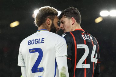 Jayden Bogle of Leeds United and Owen Beck of Blackburn Rovers square up during the Sky Bet Championship match Leeds United vs Blackburn Rovers at Elland Road, Leeds, United Kingdom, 1st January 2025 clipart