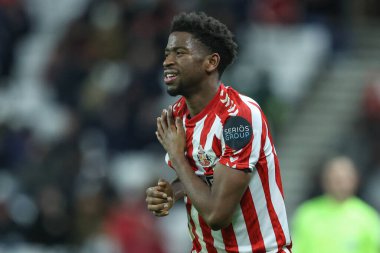 Sunderland 'dan Aji Alese, 1 Ocak 2025' te İngiltere 'nin başkenti Sunderland' da oynanan Sunderland-Sheffield United maçında sakatlandıktan sonra omzunu tutuyor.
