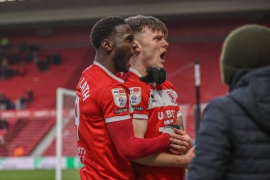 Middlesbrough 'dan Emmanuel Latte Lath, Middlesbrough' un 4 Ocak 2024 'te Riverside Stadyumu, Middlesbrough' da oynanan Sky Bet Şampiyonası maçında 1-0 kazanma hedefini kutluyor.