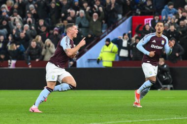 Aston Villa 'dan Ross Barkley, Premier Lig maçında Aston Villa, Leicester City' ye karşı 4 Ocak 2024 'te Birmingham, İngiltere' de oynanan Villa Parkı 'nda 1-0' lık galibiyet golünü kutluyor.