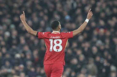 Liverpool 'dan Cody Gakpo, 5 Ocak 2025' te İngiltere 'nin Liverpool kentinde oynanan Premier League maçında 1-1' lik galibiyet golünü kutluyor.