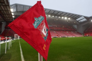 Anfield, Liverpool, Liverpool 'da oynanan Premier League maçında bir köşe bayrağı, 5 Ocak 202' de Manchester United 'a karşı.