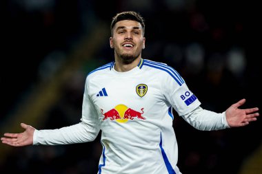 Leeds United takımından Jol Piroe, 4 Ocak 2025 tarihinde İngiltere 'nin Hull kentinde oynanan Hull City-Leeds Stadyumu maçında 1-3' lük galibiyet golünü kutluyor.